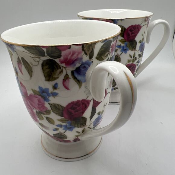 Lot Set of 2 Grace's Teaware Floral Coffee Cup Mug Pink/Blue Flowers Footed Base - Picture 8 of 8